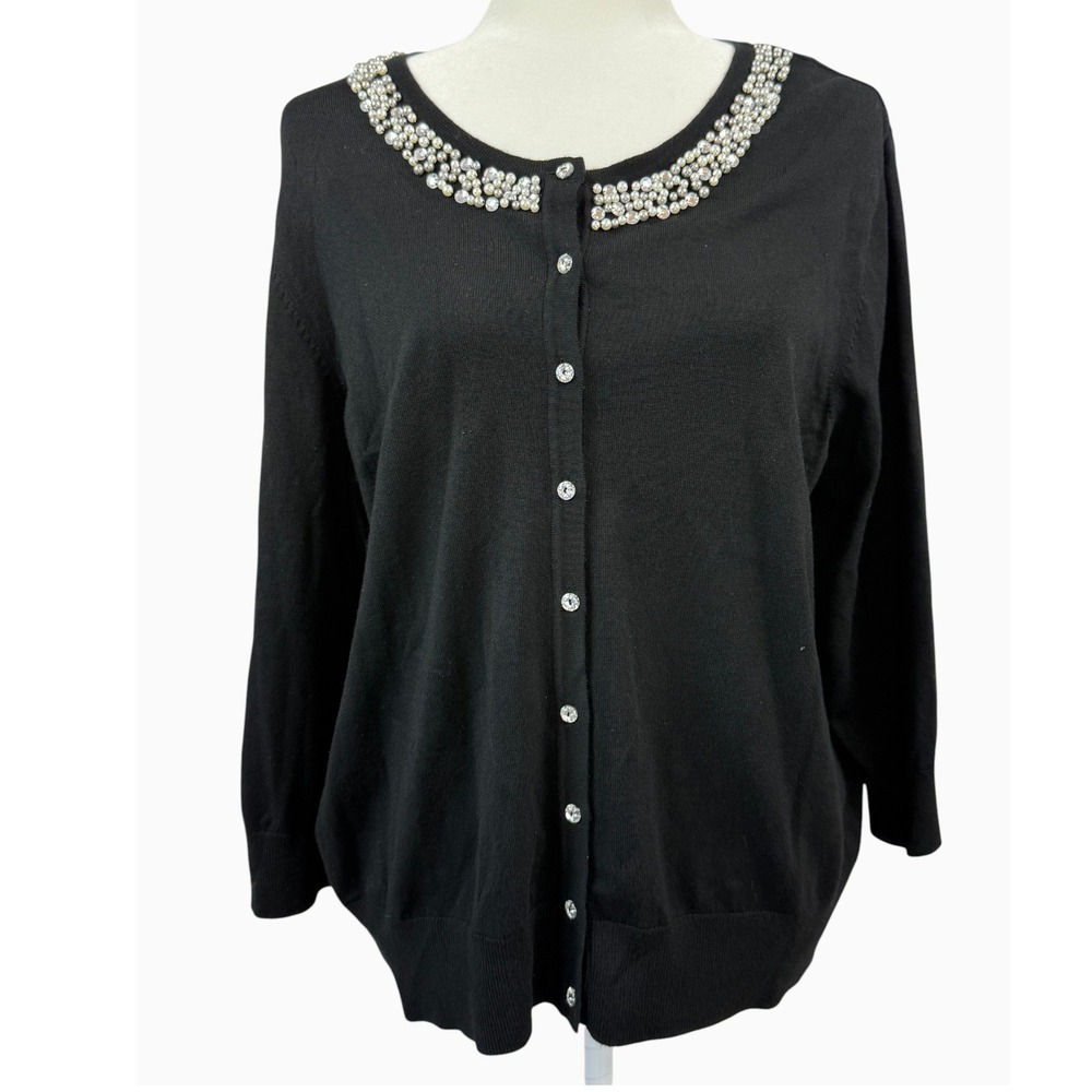 Cable & Gauge Women's 1X Black Pearl Rhinestone Embellished Cardigan Sweater